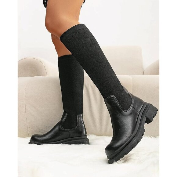 🆕 MOUSSE FIT Women's Black Knee High Rubber Boots Lug Sole Platform Block Heel - Picture 4 of 6